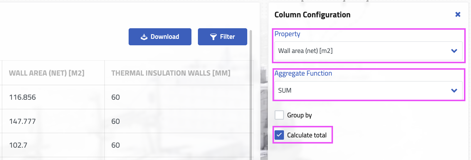 Column configuration for calculating total of the wall area