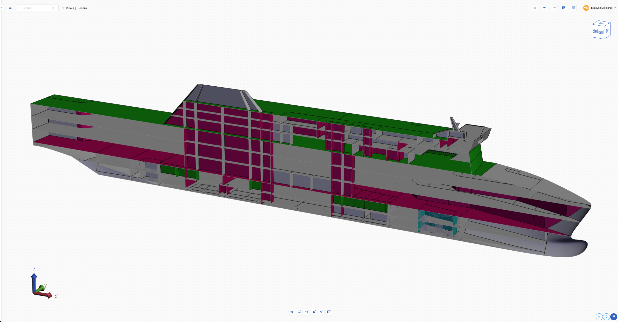 A view of a section of a ro-pax ferry in Naval Architect with visualization of insulation properties