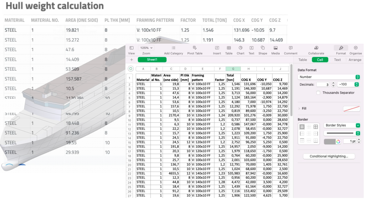 Data in Naval Architect as it is exported to Excel
